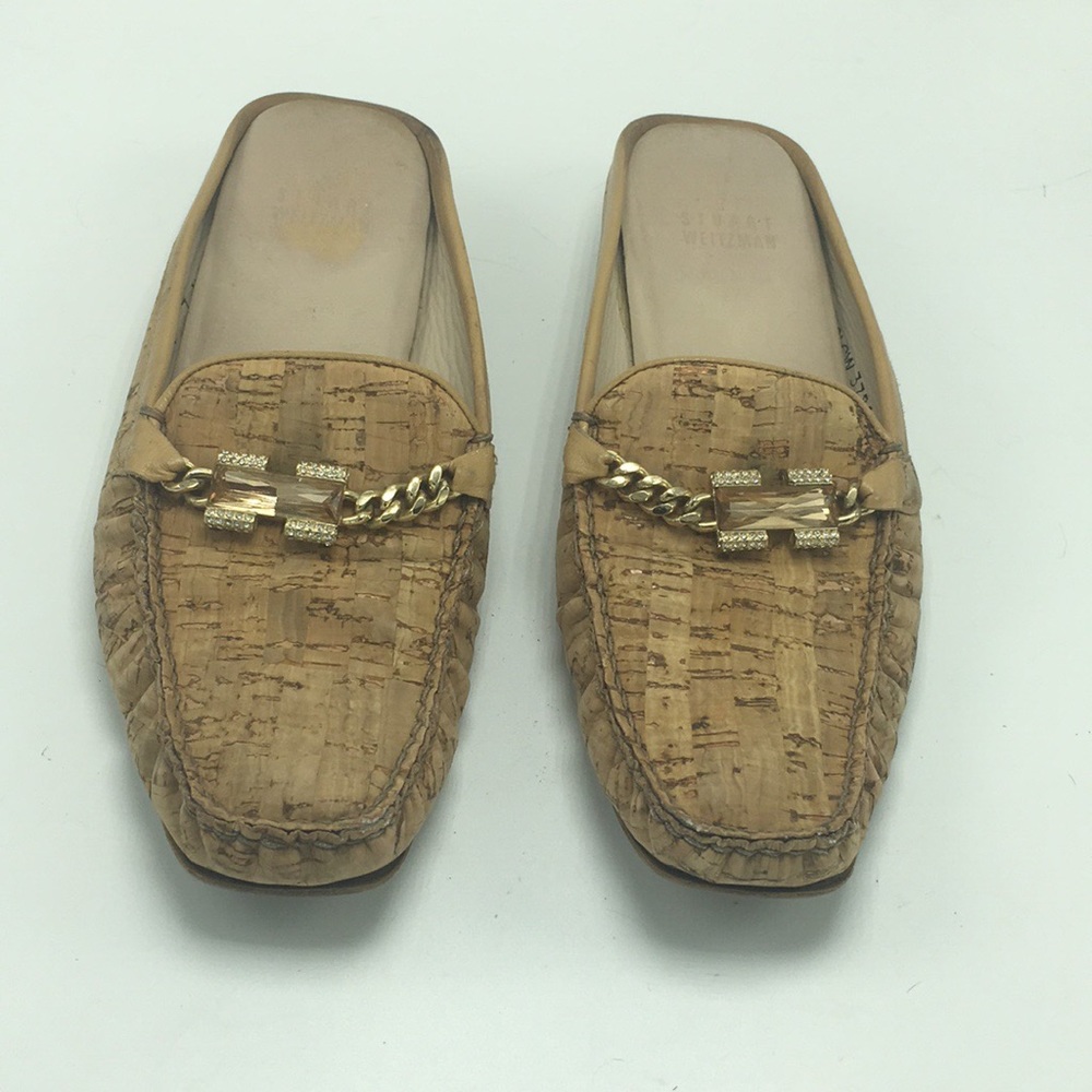 Stuart Weitzman Tan Cork Embellished Mules, Size 7